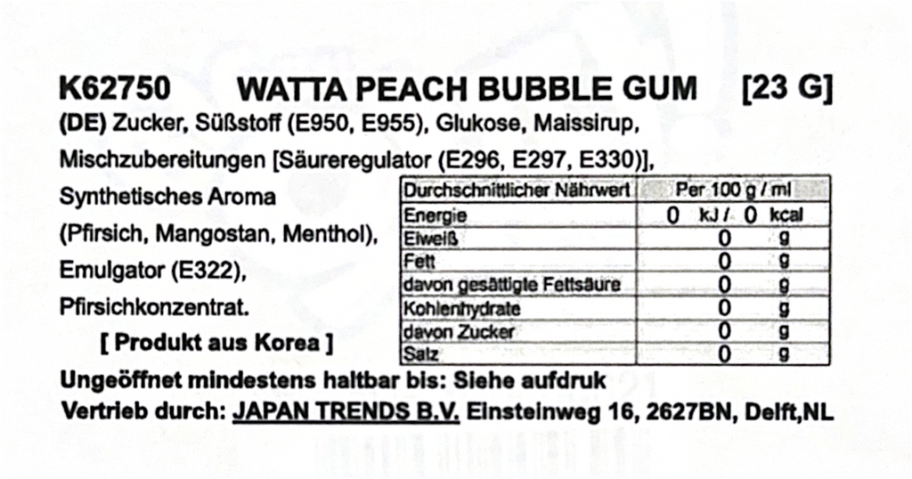 SEOULSTATION berlin LOTTE- Watta Peach Bubble Gum Inhaltsstoffe 